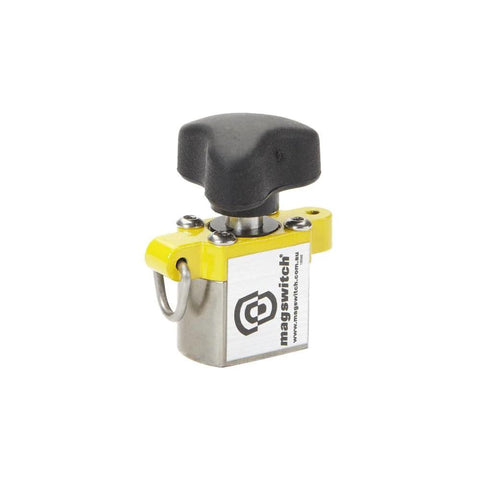 Magswitch MagJig 60 magnetic base clamp, yellow housing with on/off knob.