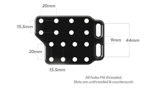 Diagram of Wingspan XL Aero Bar Armrest Extender With Multi Angle Extensions Plate for Triathlon showing hole dimensions.