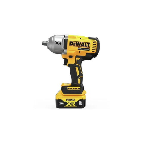 Cordless 20V Max XR half inch high torque impact wrench kit with hog ring anvil, side view highlighting design and brand logos.