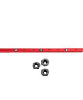 Red heavy duty aluminum miter bar rail for table saws with adjustable 300-880mm sliding miter gauge, T-slot track, and mounting holes.