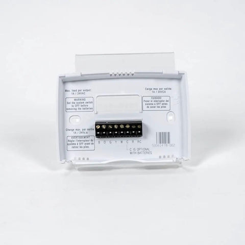 Back view of PRO 2000 5 Plus 2 Day Programmable Thermostat with backlit display showing wiring terminals for setup.