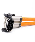 Heavy Duty High Voltage Safety Lock Connector 2 Pin Plug And Socket 125 Amp Rated with right angle metal housing and orange cables.