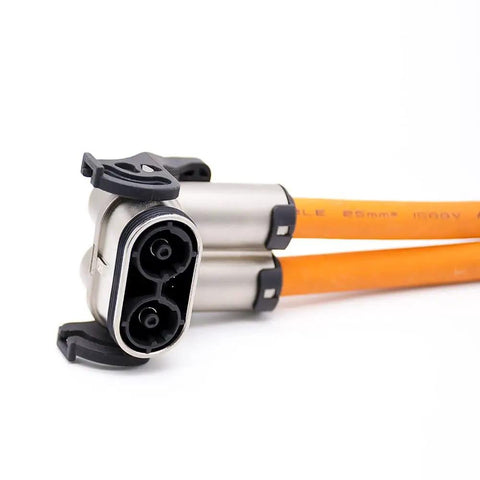 Heavy Duty High Voltage Safety Lock Connector 2 Pin Plug And Socket 125 Amp Rated with right angle metal housing and orange cables.