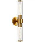 Gold Wall Sconce With Clear Glass, Modern Vanity Lighting Up And Down Indoor Wall Lights For Bathroom And Living Room, Durable Metal Frame, Bulb Not Included visible straight on with glass cylinders and bulb sockets.