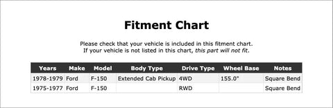 Fitment chart for Front Leaf Spring U-Bolt Kit for Ford F-150 1975 1979 Heavy-Duty Beefy Replacement Upgrade with OE-like quality.