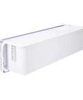 Door Shelf Bin For Refrigerator DA97-06175F Replacement, White OEM Part, side view showing white material and clear front panel.