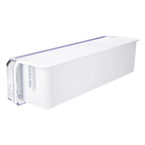 Door Shelf Bin For Refrigerator DA97-06175F Replacement, White OEM Part, side view showing white material and clear front panel.