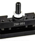 Lathe tool post holder, black metal quick-change, 250-001 label, front view with threaded stud.