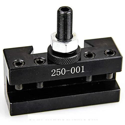 Lathe tool post holder, black metal quick-change, 250-001 label, front view with threaded stud.