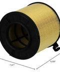 XA10639 Premium Engine Air Filter Fits 2018 2025 Audi Q5 close-up, cylindrical design with measurements of 7.67" x 6.69" x 6.1"