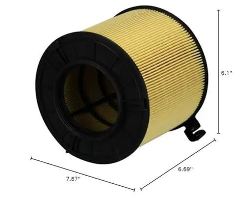 XA10639 Premium Engine Air Filter Fits 2018 2025 Audi Q5 close-up, cylindrical design with measurements of 7.67" x 6.69" x 6.1"