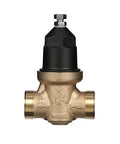 Front view of brass NR3XL pressure reducing valve with black adjustment cap and double union FNPT connections.