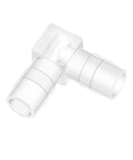 White plastic 3/8-in hose barb 90-degree elbow L-fitting with two equal barb ends for tubing.