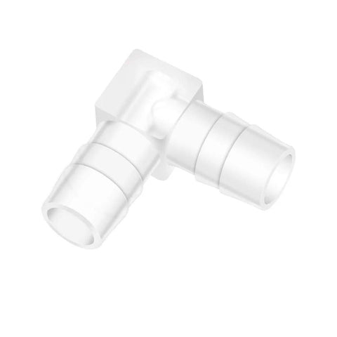 White plastic 3/8-in hose barb 90-degree elbow L-fitting with two equal barb ends for tubing.