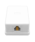 Top Shelf Surface Mount Single Port RJ11 Phone Jack With Four Screw Terminals For Smooth Landline Fax Hookup Hassle Free Install Works Flawlessly On Any Standard White Wall Plate, white ABS housing.