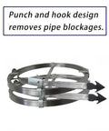 Heavy Duty Sewer Drain Snake 15Ft Unclogging Bar With Thick Steel Core features a punch and hook design for effective blockage removal.