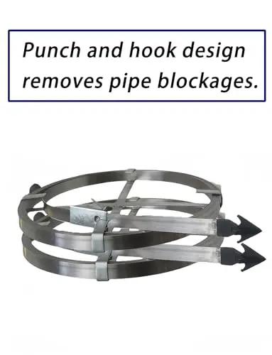 Heavy Duty Sewer Drain Snake 15Ft Unclogging Bar With Thick Steel Core features a punch and hook design for effective blockage removal.
