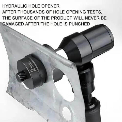 Rechargeable Hydraulic Hole Punch Kit with 80KN power demonstrating clean hole in metal sheet for cabinets and electrical boxes.