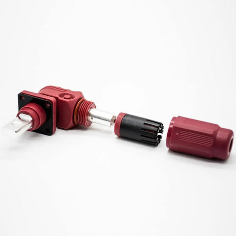Pro Level Heavy Duty Right Angle Plug And Socket Connector For 8Mm 25Sq Mm Wiring Red IP65 Touchproof Busbar Lug Quick Swap Slick Design For Battery Storage Ev Hev Work Rig Power Station 120 Amp close-up view
