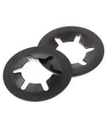 Get Your Fix With 100 Pcs Of Heavy Duty M4 X 12mm Black External Circlips Made From Strong 65 Mn Steel Self Locking Shaft Snap Rings Perfect For DIY Projects And Home Repairs That Need A Solid Grip, showcasing two black steel M4 circlips.