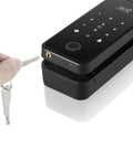 Slick Smart Fingerprint Door Lock And Password Code For Frameless Sliding Doors with key slot and button interface for easy access.
