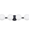 Sleek Matte Black Four Light Vanity Light Fixture With Opal Glass Globes, straight view of modern wall sconce for bathrooms and vanities.