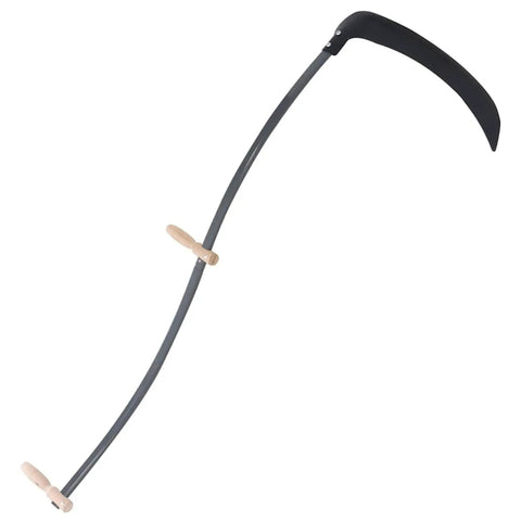 Curved Steel Scythe With Wooden Grips And Grinding Stone, a versatile garden tool for lawn care, weeding, and crop harvest, 145 cm long