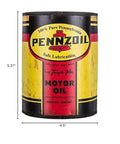 Distressed vintage Pennzoil wall decor for garages and man caves featuring classic oil can design with nostalgic retro vibe.