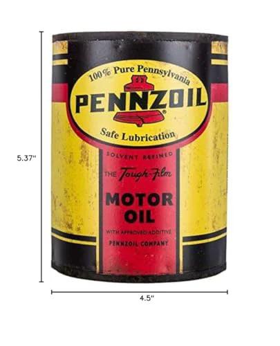 Distressed vintage Pennzoil wall decor for garages and man caves featuring classic oil can design with nostalgic retro vibe.