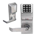 Satin Chrome Trilogy Cylindrical Privacy Lock With Standard Key Bypass And Digital Keypad For Offices front view with keypad and handle.