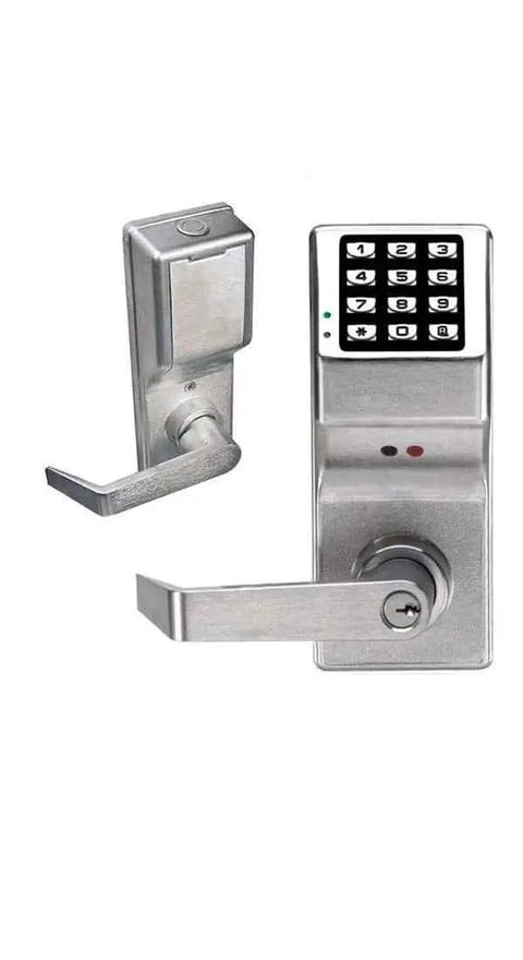 Satin Chrome Trilogy Cylindrical Privacy Lock With Standard Key Bypass And Digital Keypad For Offices front view with keypad and handle.