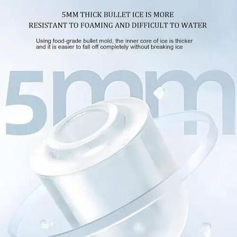 Close-up of 5mm thick bullet ice showing food-grade quality for durability. Countertop Nugget Ice Maker Makes Sweet Soft Chewable Bullet Ice Super Fast with Self Cleaning System and Non Slip Pads for Kitchens Bars Parties plus Portable Design fits any Spot like a Glove.