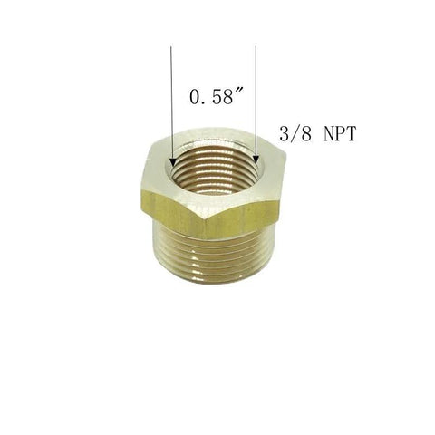 Front view of brass 3/8 NPT female to M22x1.5 male pipe reducer adapter with hex body.