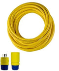 Badass Heavy Duty 10 Gauge 25 Foot Yellow SOW Power Cable Industrial Grade Extension Cord coiled with plugs visible.
