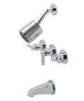 NuvoFusion Three Handle Tub And Shower Faucet With Five Inch Tub Spout Polished Chrome Finish Washerless Cartridge Heavy Duty Brass And Zinc Alloy Construction Two GPM Shower Head At 80 PSI, showing three handles, wall-mount installation details.