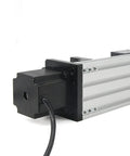 Close-up of Dual Optical Axis Ballscrew SFU1605 100mm Travel with NEMA23 Stepper Motor, showing linear stage actuator components.