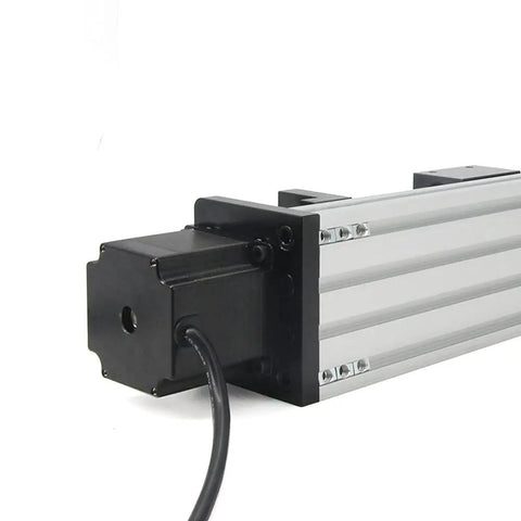 Close-up of Dual Optical Axis Ballscrew SFU1605 100mm Travel with NEMA23 Stepper Motor, showing linear stage actuator components.