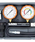 Lang Tools CLT-2 100 PSI cylinder leakage tester with two orange gauges in a gray plastic case