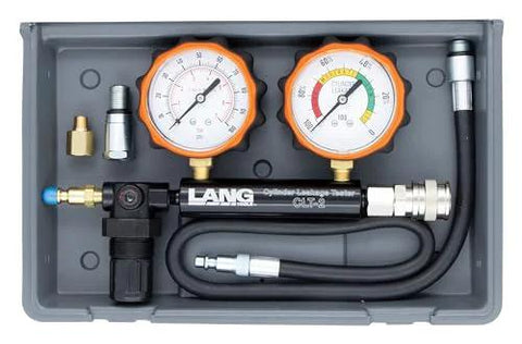 Lang Tools CLT-2 100 PSI cylinder leakage tester with two orange gauges in a gray plastic case