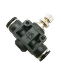 Five Pack One Quarter Inch Pneumatic Air Flow Control Valve Set With Union Straight In Line Speed Controller Fittings, detailing push-lock design.