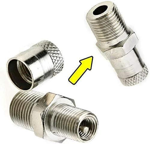 Three chrome 1/8 inch BSPT Schrader valve adapters for air compressors, shown from multiple angles.