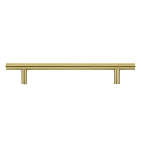 Front view of Gold Champagne Euro Bar Cabinet Handles 7 And 3 Eighths Inch Long 5 Inch Hole Center One Half Inch Diameter 25 Pack With Screws