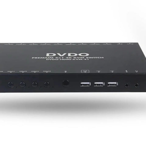 4 Port HDMI 2.0 KVM Switcher With HDCP 2.2 Is A Legit Game Changer To Swap One Monitor Keyboard And Mouse Across Four Computers For A Hella Smooth Desk Setup, showing sleek black design and multiple ports.