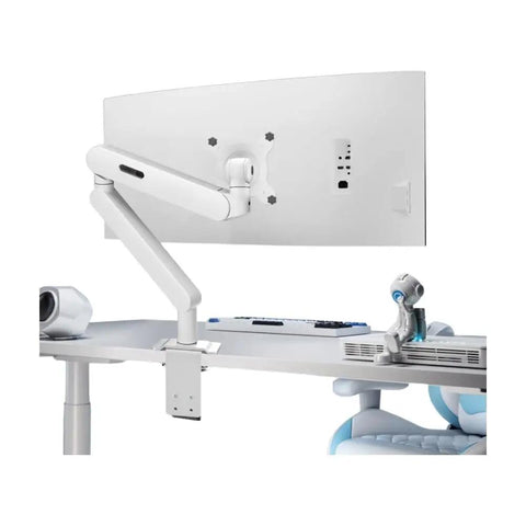 Built Different White Monitor Articulating Arm Mount With Rock Solid Height Adjustment Ultra Smooth Universal Desk Glide And Clean Cable Routing For Every Screen Setup, shown mounted to a desk.