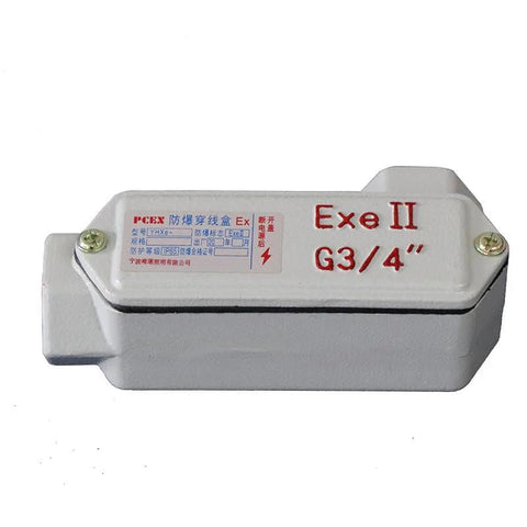 Explosion-proof aluminum junction box, silver, with G3/4 inch threaded conduit opening.