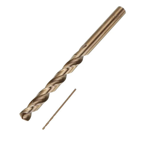 Pro Grade M35 Cobalt Drill Bit Kit With 19 Precision Pieces Spanning One To Ten Millimeters featuring a large twisted drill and small bit.