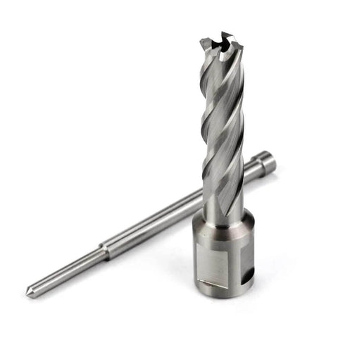 OSCArBIDE 1/2 in HSS annular cutter with 2 in depth of cut and 3/4 in Weldon shank; pilot rod beside