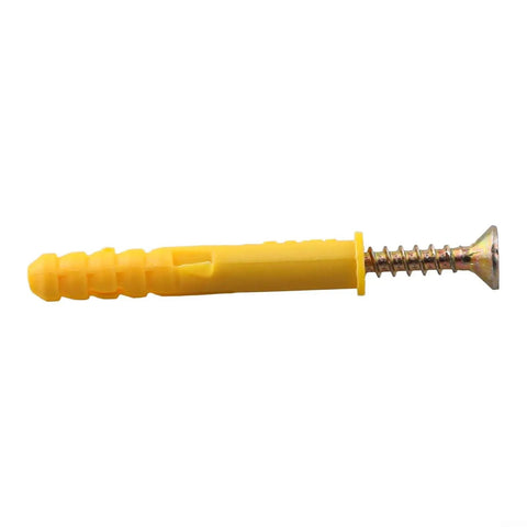 Close-up of a screw and yellow wall anchor from 40 Pcs M6x40mm Self Tapping Expansion Screws And Wall Anchors Kit For Drywall.