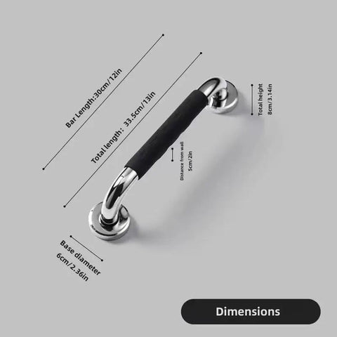 Rock Solid Stainless Steel Shower Grab Bars Two Pack With Thick Silicone Anti Slip Sleeve That Cradles Your Hand For Totally Secure Bathroom Safety Rails And Zero Sweat Grip, dimensions included.