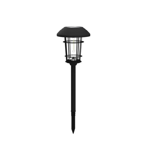 Single solar outdoor pathway light with glass lantern-style head and durable metal stake in slate gray.